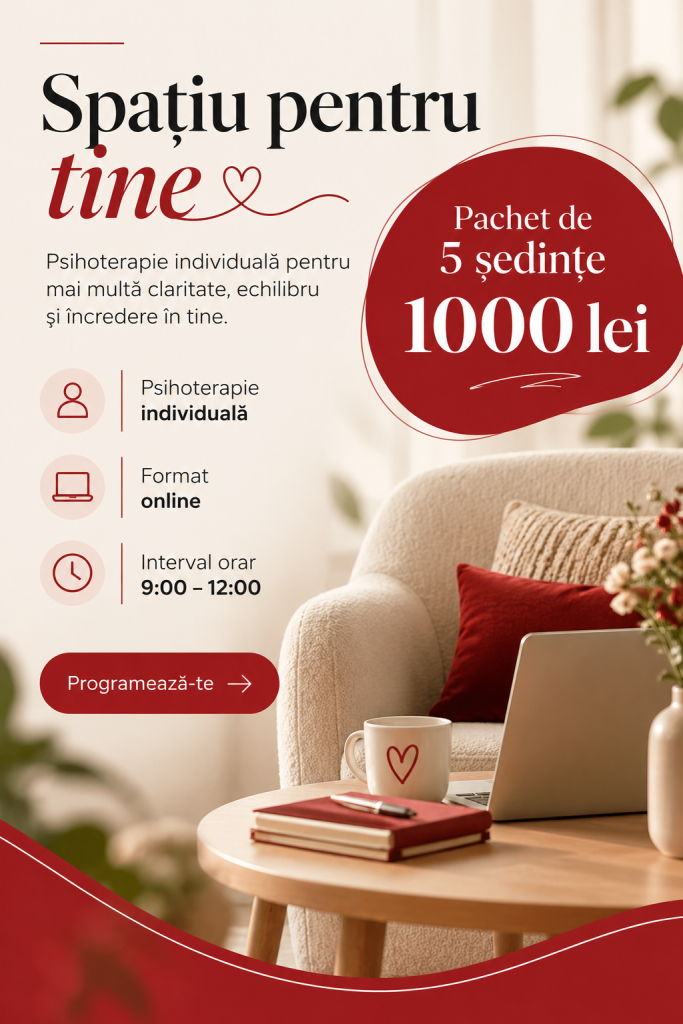 Spațiu pentru tine: pachet de 5 ședințe de psihoterapie individuală online, 1000 lei, în intervalul 9:00–12:00. Solicită o programare.